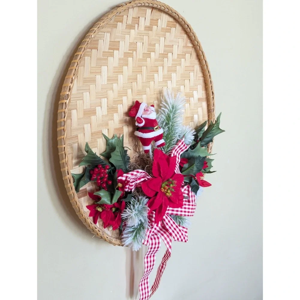 Vintage Flocked Chenille Santa Christmas Wreath Tray Poinsettia Wall Door Decor